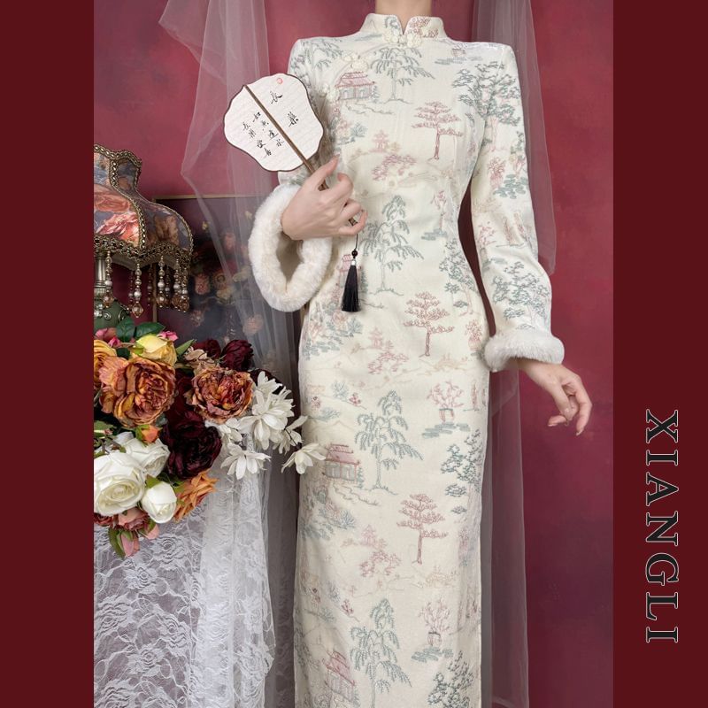 Long-Sleeve Tree Print Fluffy Trim Maxi Qipao