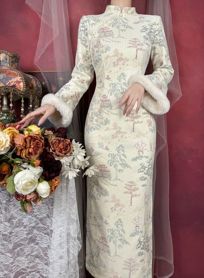 Long-Sleeve Tree Print Fluffy Trim Maxi Qipao