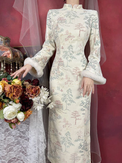 Long-Sleeve Tree Print Fluffy Trim Maxi Qipao
