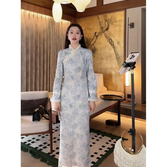 Flared-Sleeve Floral Fluffy Trim Maxi Qipao / Plain Lace Trim Slip Dress / Set