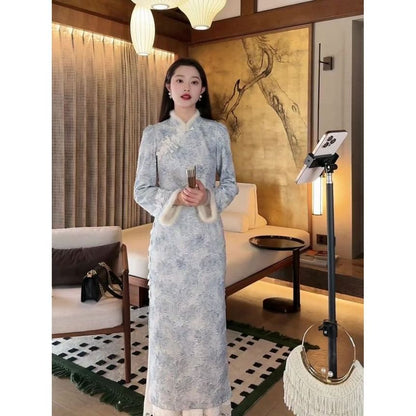 Flared-Sleeve Floral Fluffy Trim Maxi Qipao / Plain Lace Trim Slip Dress / Set