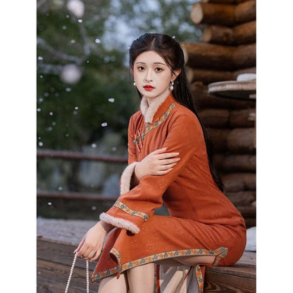 Flared-Sleeve Flower Embroidered Fluffy Trim Side-Slit Midi Qipao