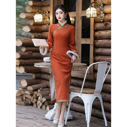 Flared-Sleeve Flower Embroidered Fluffy Trim Side-Slit Midi Qipao