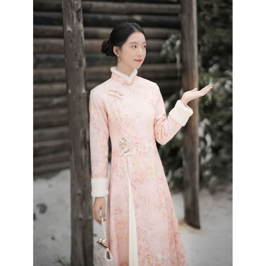 Long-Sleeve Floral Fluffy Trim Midi A-Line Qipao