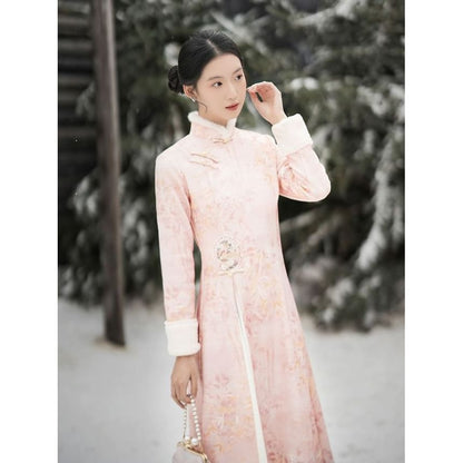 Long-Sleeve Floral Fluffy Trim Midi A-Line Qipao