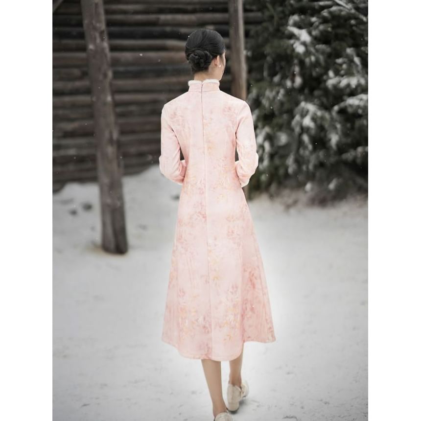 Long-Sleeve Floral Fluffy Trim Midi A-Line Qipao