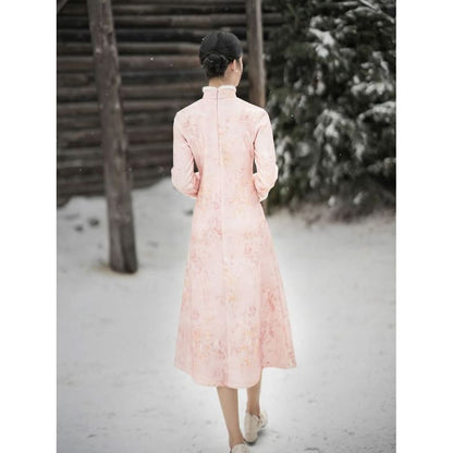 Long-Sleeve Floral Fluffy Trim Midi A-Line Qipao