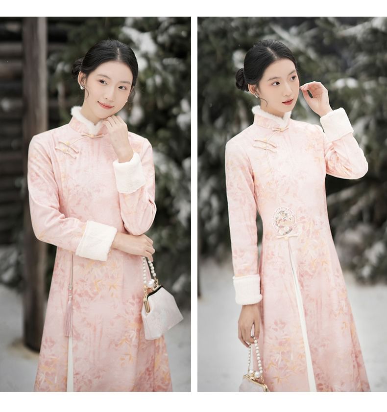 Long-Sleeve Floral Fluffy Trim Midi A-Line Qipao