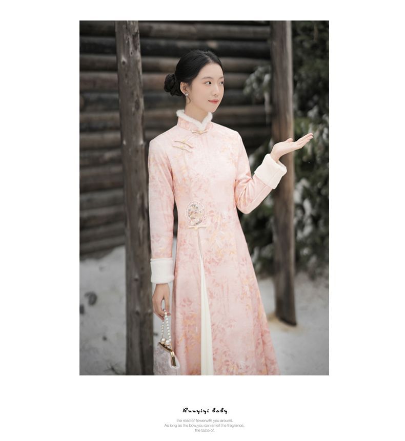 Long-Sleeve Floral Fluffy Trim Midi A-Line Qipao
