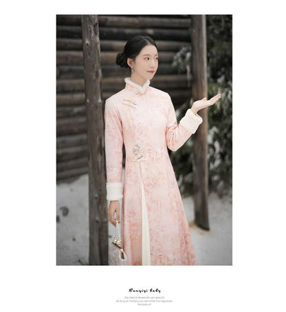 Long-Sleeve Floral Fluffy Trim Midi A-Line Qipao