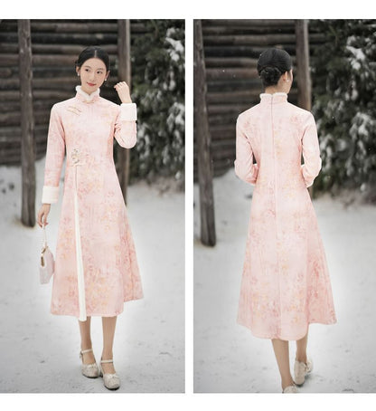 Long-Sleeve Floral Fluffy Trim Midi A-Line Qipao