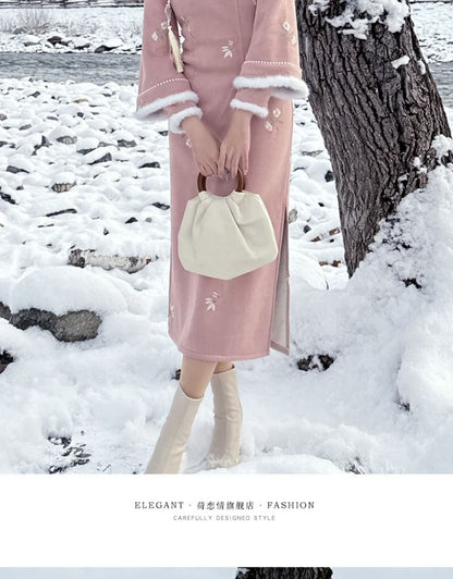 Flared-Sleeve Flower Embroidered Side-Slit Midi Qipao / Plain Capelet