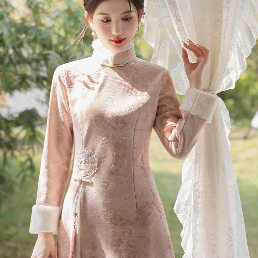 Long-Sleeve Leaf Print Fluffy Trim Midi A-Line Qipao