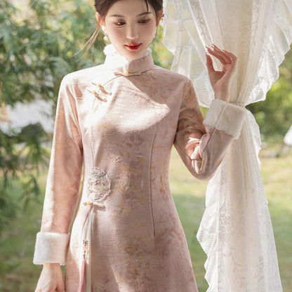Long-Sleeve Leaf Print Fluffy Trim Midi A-Line Qipao