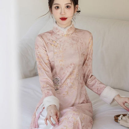 Long-Sleeve Leaf Print Fluffy Trim Midi A-Line Qipao