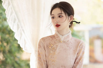 Long-Sleeve Leaf Print Fluffy Trim Midi A-Line Qipao