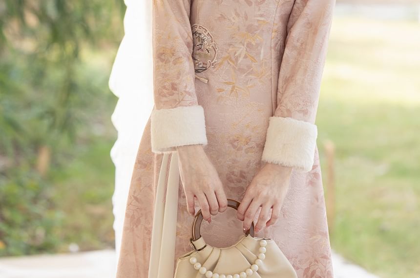 Long-Sleeve Leaf Print Fluffy Trim Midi A-Line Qipao