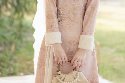 Long-Sleeve Leaf Print Fluffy Trim Midi A-Line Qipao
