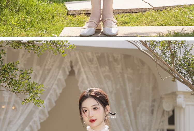 Long-Sleeve Leaf Print Fluffy Trim Midi A-Line Qipao