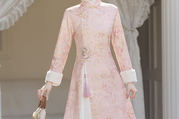 Long-Sleeve Leaf Print Fluffy Trim Midi A-Line Qipao