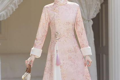 Long-Sleeve Leaf Print Fluffy Trim Midi A-Line Qipao