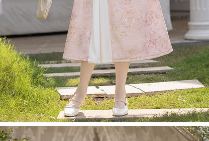 Long-Sleeve Leaf Print Fluffy Trim Midi A-Line Qipao