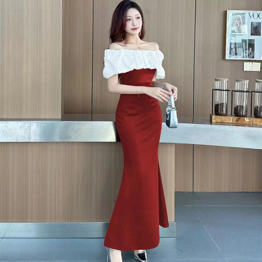 Off-The-Shoulder Ruffle Trim Two Tone Mermaid Evening Gown