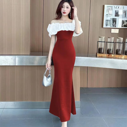Off-The-Shoulder Ruffle Trim Two Tone Mermaid Evening Gown