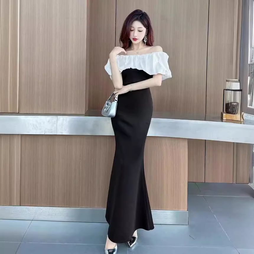 Off-The-Shoulder Ruffle Trim Two Tone Mermaid Evening Gown