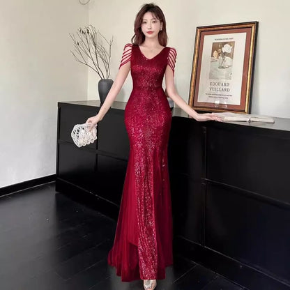 Sleeveless V-Neck Sequined Mermaid Evening Gown