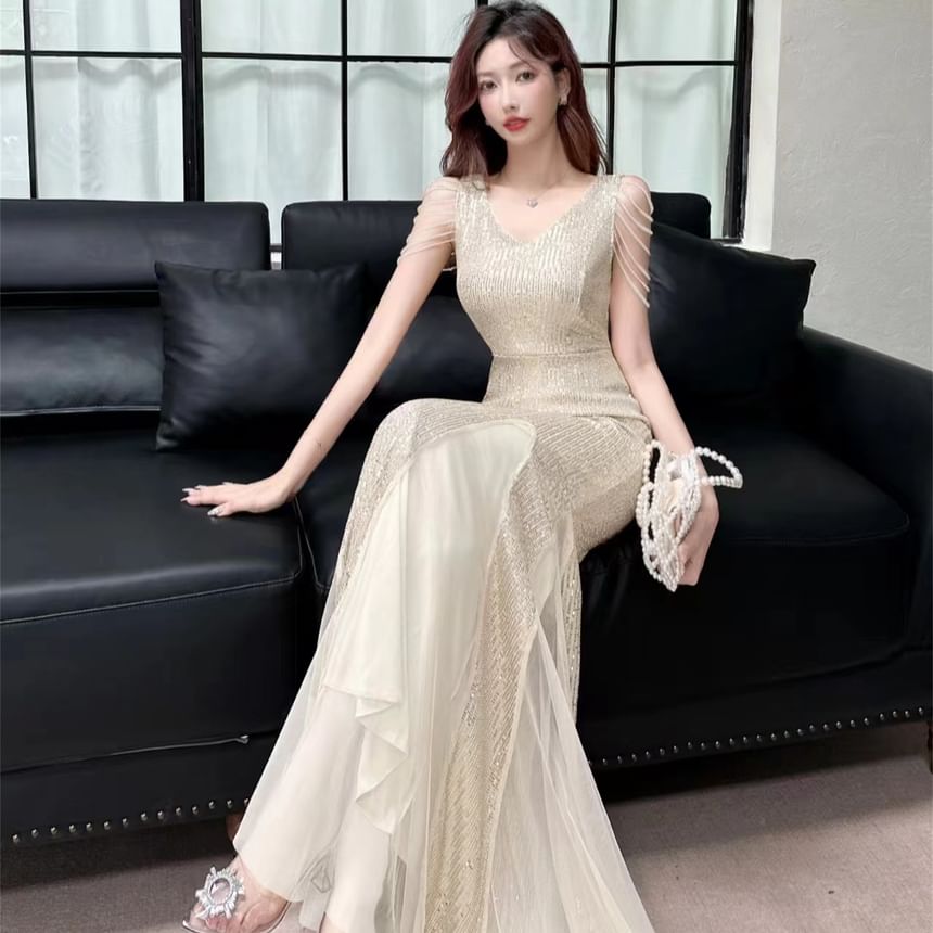 Sleeveless V-Neck Sequined Mermaid Evening Gown