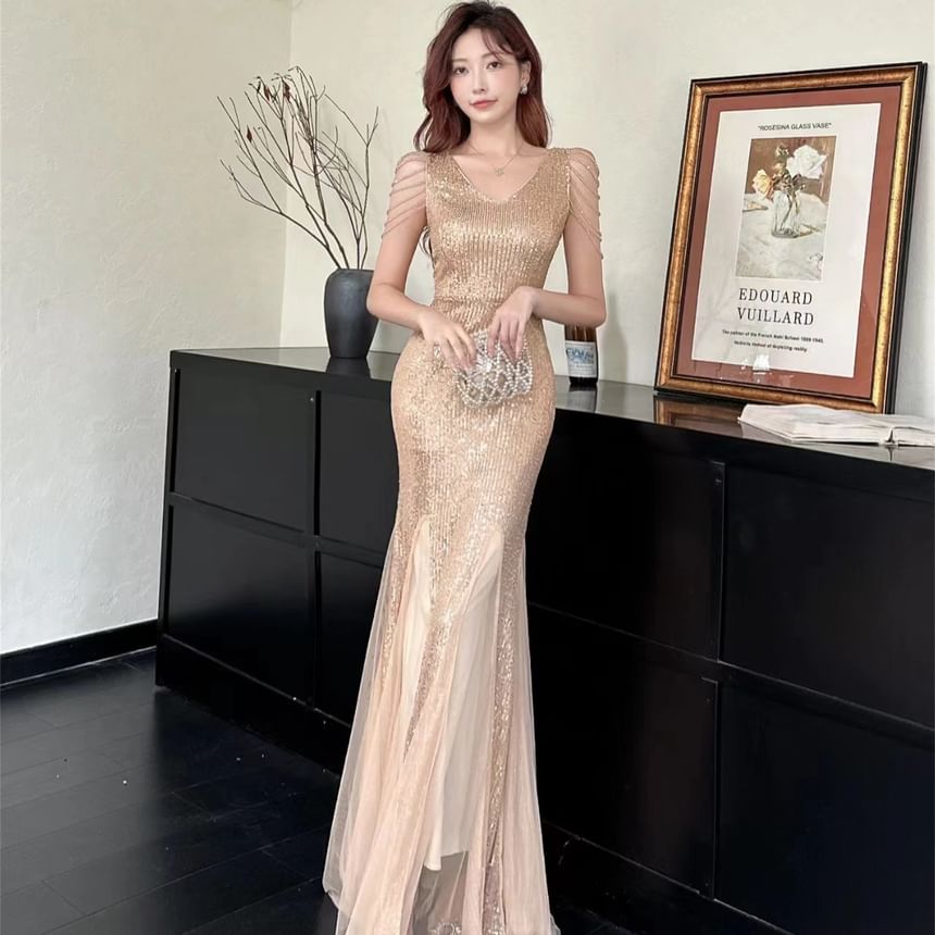 Sleeveless V-Neck Sequined Mermaid Evening Gown