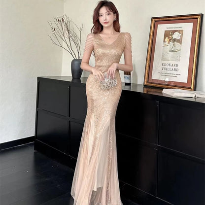 Sleeveless V-Neck Sequined Mermaid Evening Gown