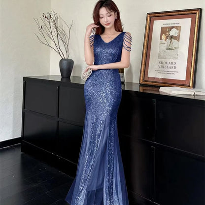 Sleeveless V-Neck Sequined Mermaid Evening Gown