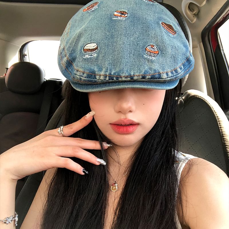 Food Embroidered Denim Flat Cap