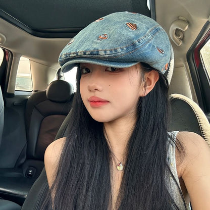 Food Embroidered Denim Flat Cap