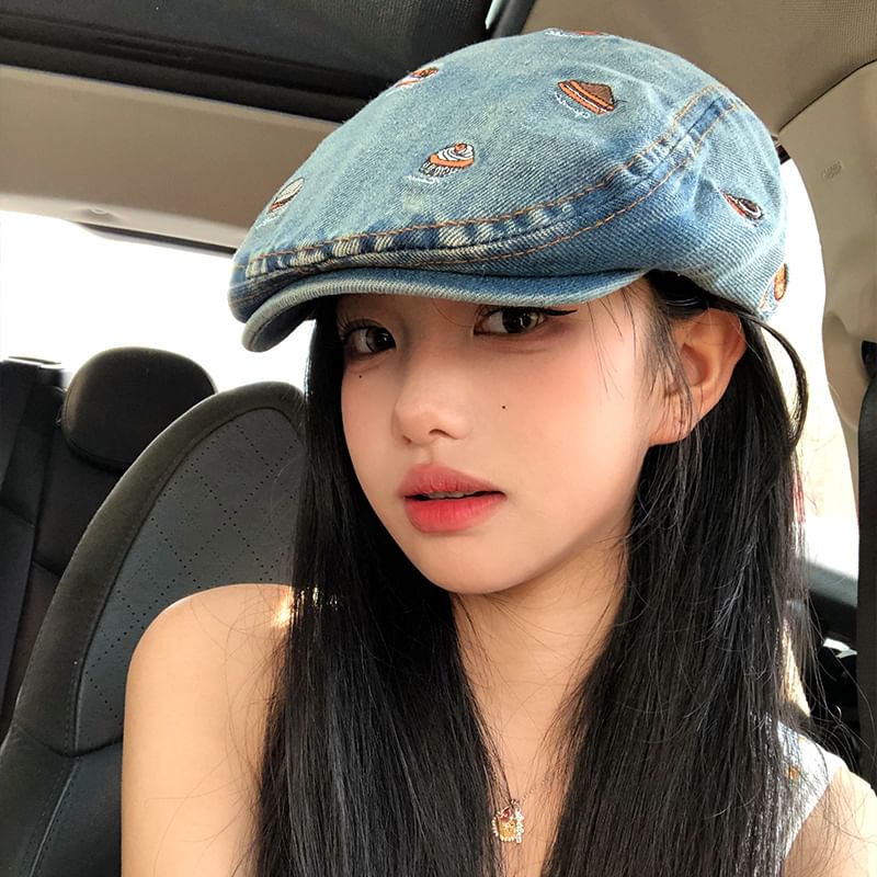 Food Embroidered Denim Flat Cap