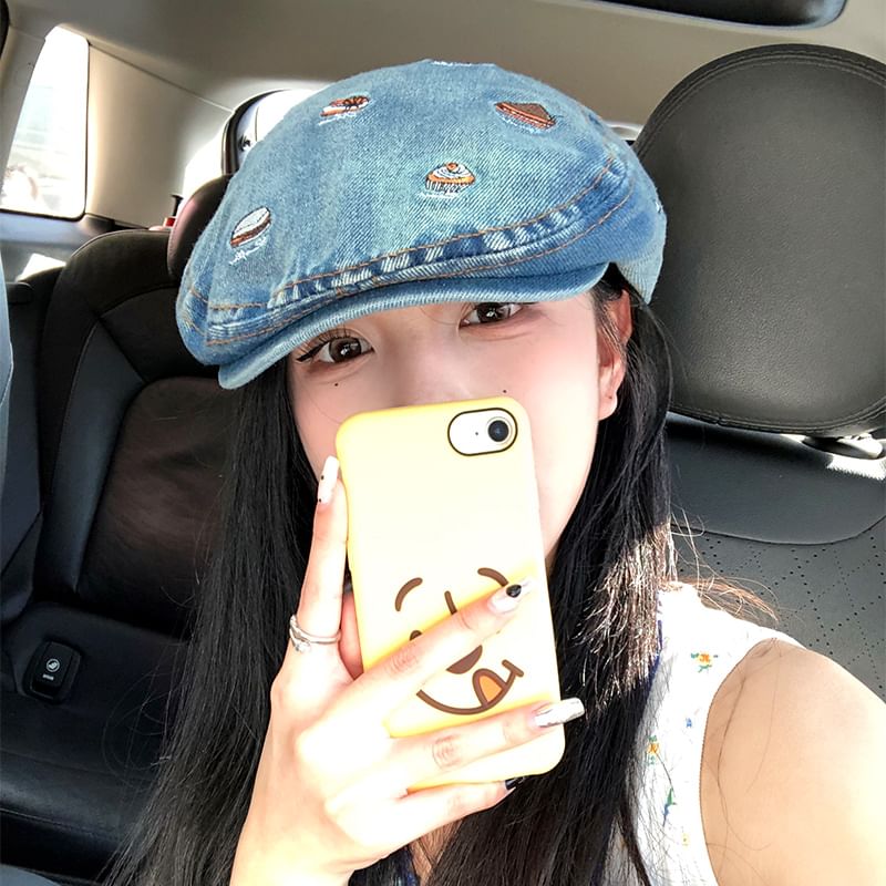 Food Embroidered Denim Flat Cap