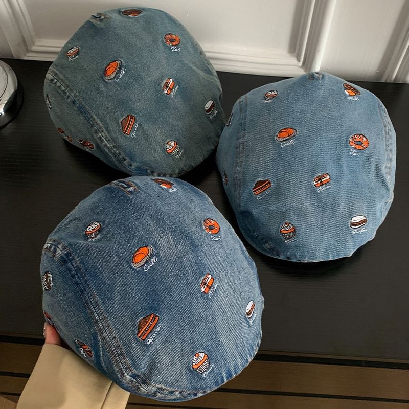 Food Embroidered Denim Flat Cap