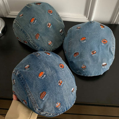 Food Embroidered Denim Flat Cap