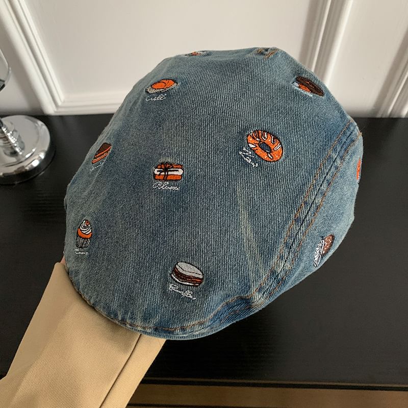 Food Embroidered Denim Flat Cap