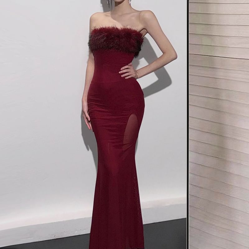 Strapless Faux Fur Floor-Length Mermaid Gown