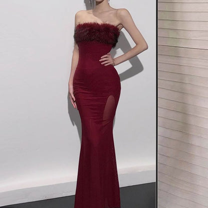Strapless Faux Fur Floor-Length Mermaid Gown