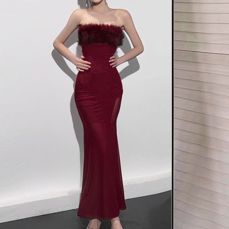 Strapless Faux Fur Floor-Length Mermaid Gown