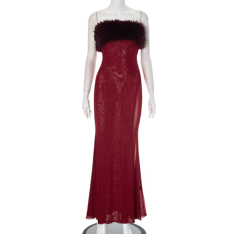 Strapless Faux Fur Floor-Length Mermaid Gown