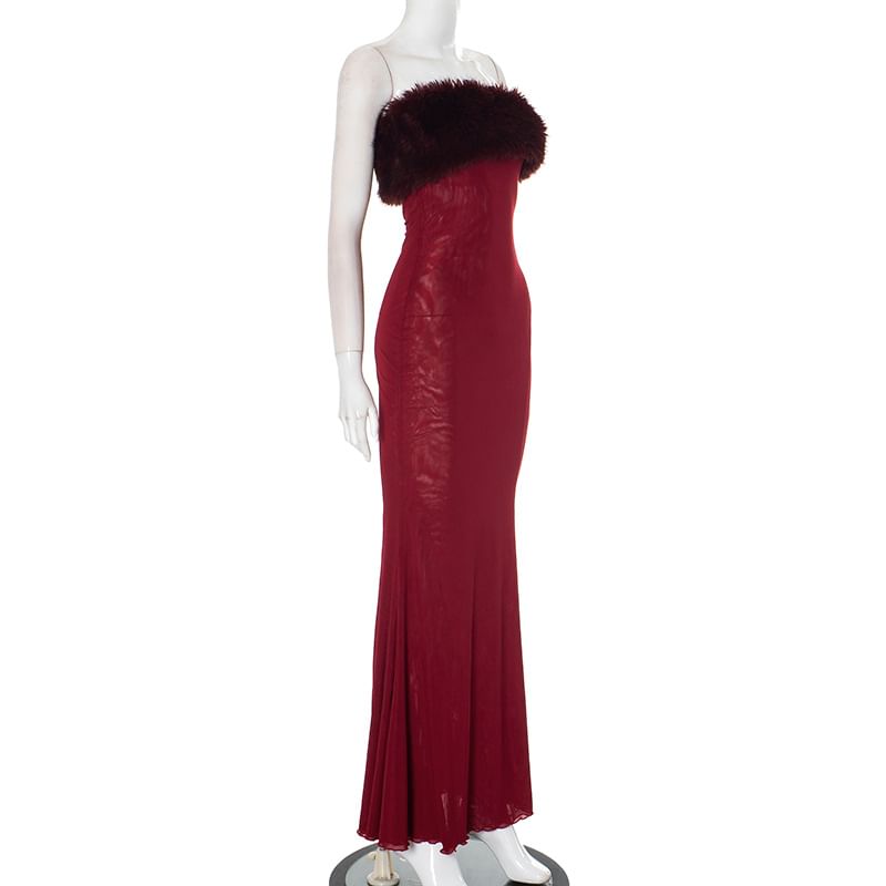 Strapless Faux Fur Floor-Length Mermaid Gown