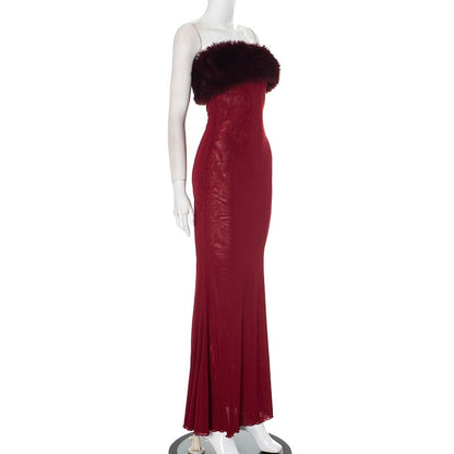 Strapless Faux Fur Floor-Length Mermaid Gown