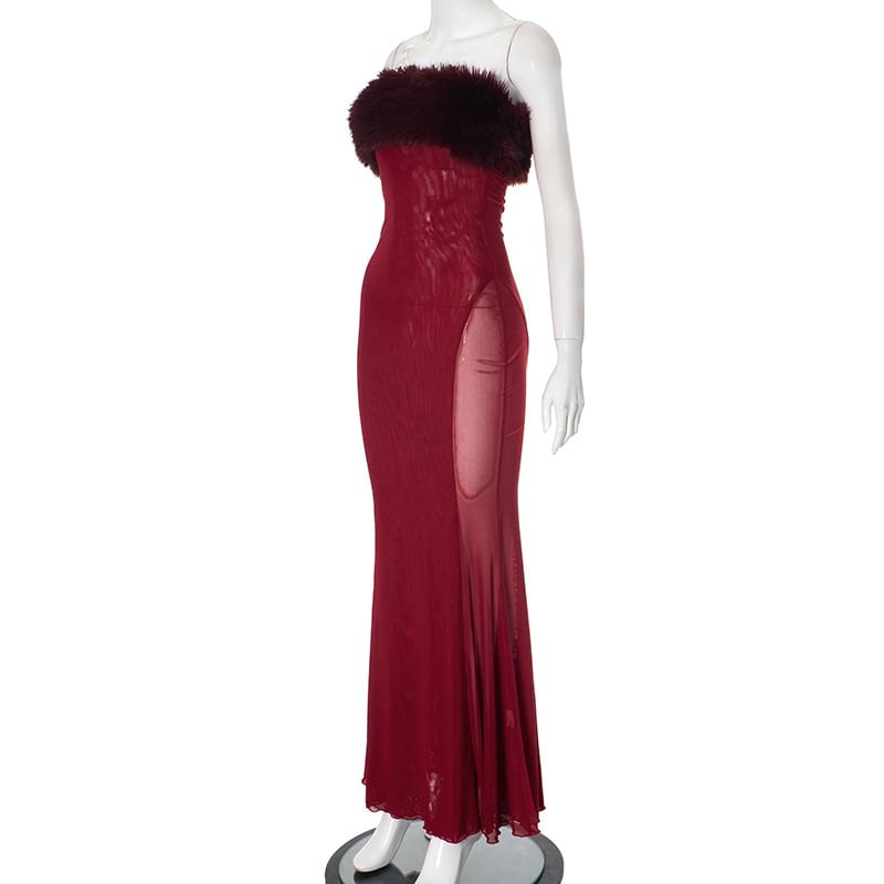 Strapless Faux Fur Floor-Length Mermaid Gown