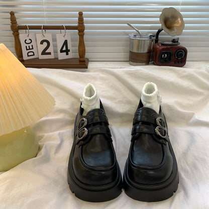 Platform Plain Buckled Faux Leather Shoes