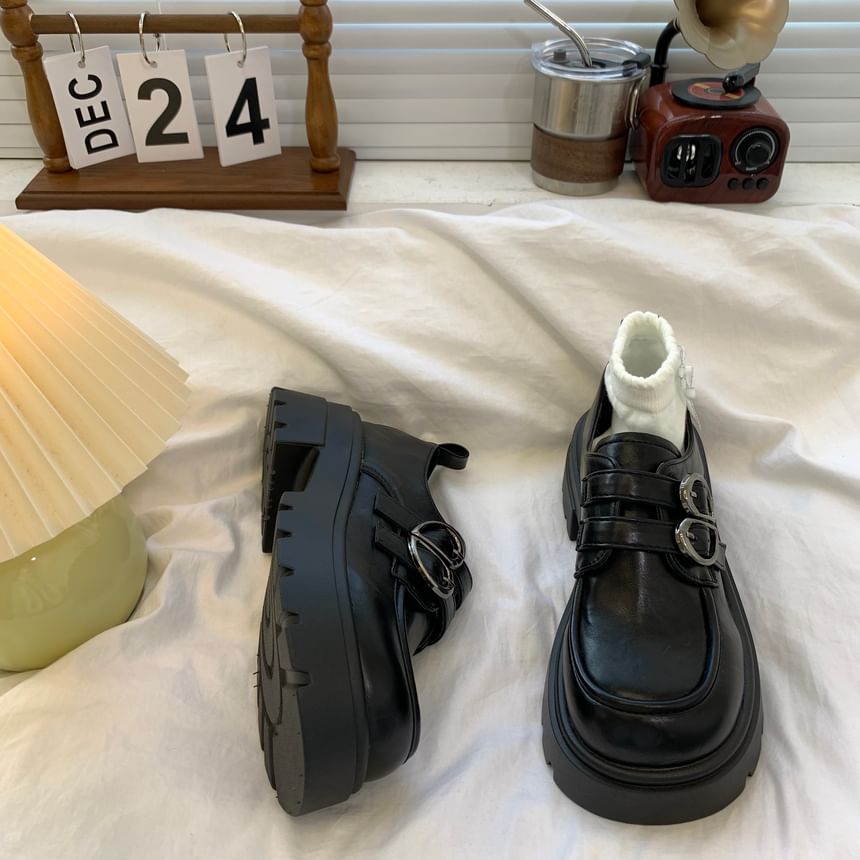 Platform Plain Buckled Faux Leather Shoes